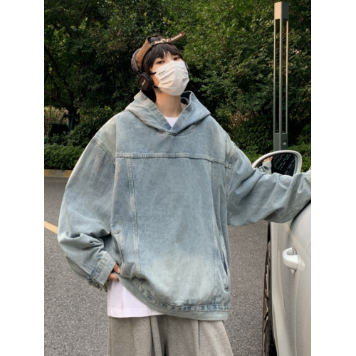 重磅水洗牛仔衛衣男春秋季潮牌寬松連帽夾克ins美式高街情侶外套 重磅水洗牛仔衛衣男春秋季潮牌寬松連帽夾克ins美式高街情侶外套