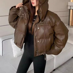 PU皮冬季短款女免洗連帽棉衣棉服2024寬松新款時尚麵包美拉德外套