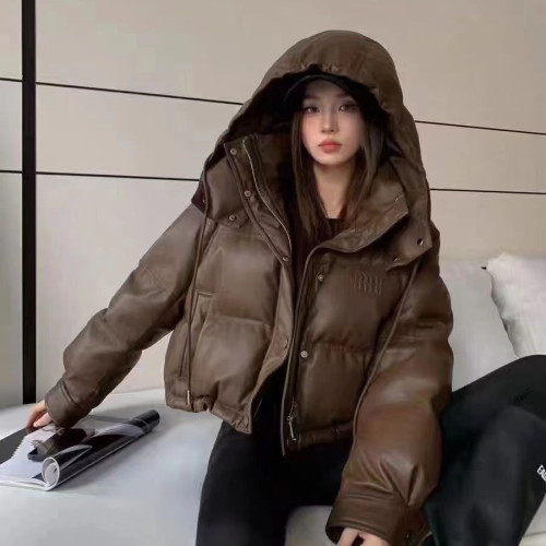 PU皮冬季短款女免洗連帽棉衣棉服2024寬松新款時尚麵包美拉德外套 PU皮冬季短款女免洗連帽棉衣棉服2024寬松新款時尚麵包美拉德外套