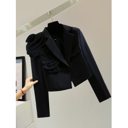 手工花朵長袖高腰短款小西裝秋冬韓版顯瘦純色休閒百褶女士短外套