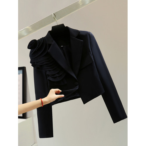 手工花朵長袖高腰短款小西裝秋冬韓版顯瘦純色休閒百褶女士短外套 手工花朵長袖高腰短款小西裝秋冬韓版顯瘦純色休閒百褶女士短外套