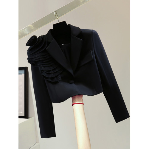 手工花朵長袖高腰短款小西裝秋冬韓版顯瘦純色休閒百褶女士短外套 手工花朵長袖高腰短款小西裝秋冬韓版顯瘦純色休閒百褶女士短外套