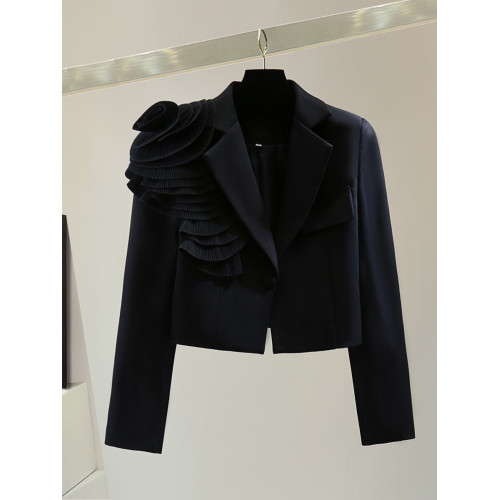 手工花朵長袖高腰短款小西裝秋冬韓版顯瘦純色休閒百褶女士短外套 手工花朵長袖高腰短款小西裝秋冬韓版顯瘦純色休閒百褶女士短外套