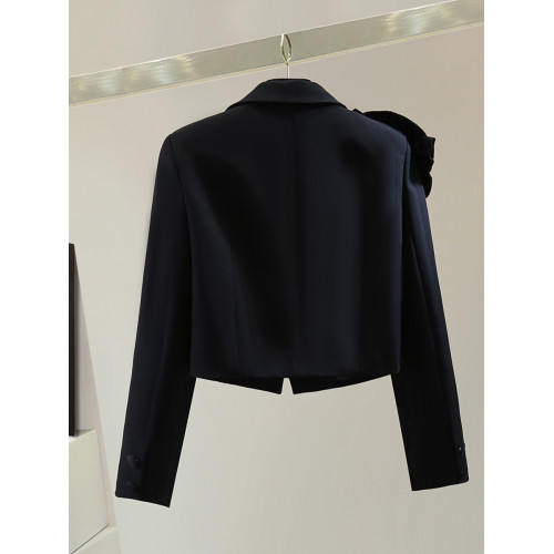 手工花朵長袖高腰短款小西裝秋冬韓版顯瘦純色休閒百褶女士短外套 手工花朵長袖高腰短款小西裝秋冬韓版顯瘦純色休閒百褶女士短外套