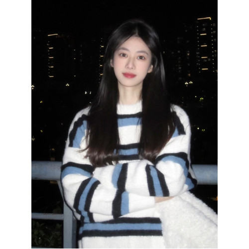 撞色條紋水貂絨毛衣女秋冬加厚寬松慵懶針織打底衫軟糯馬海毛上衣 撞色條紋水貂絨毛衣女秋冬加厚寬松慵懶針織打底衫軟糯馬海毛上衣