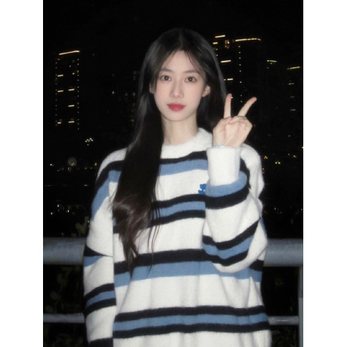 撞色條紋水貂絨毛衣女秋冬加厚寬松慵懶針織打底衫軟糯馬海毛上衣 撞色條紋水貂絨毛衣女秋冬加厚寬松慵懶針織打底衫軟糯馬海毛上衣