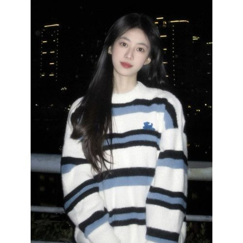 撞色條紋水貂絨毛衣女秋冬加厚寬松慵懶針織打底衫軟糯馬海毛上衣 撞色條紋水貂絨毛衣女秋冬加厚寬松慵懶針織打底衫軟糯馬海毛上衣