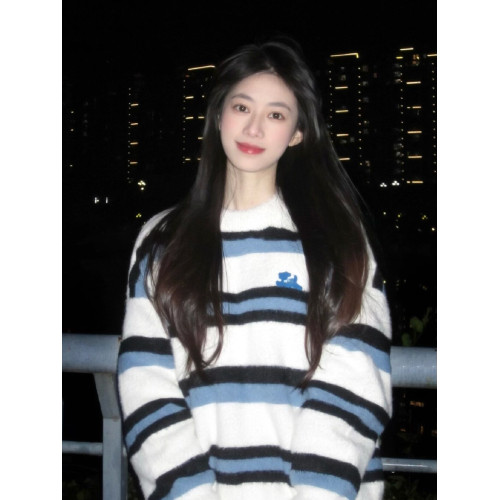 撞色條紋水貂絨毛衣女秋冬加厚寬松慵懶針織打底衫軟糯馬海毛上衣 撞色條紋水貂絨毛衣女秋冬加厚寬松慵懶針織打底衫軟糯馬海毛上衣