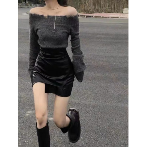 辣妹套裝甜辣一字肩針織衫女秋冬皮短裙短款修身打底衫上衣兩件套 辣妹套裝甜辣一字肩針織衫女秋冬皮短裙短款修身打底衫上衣兩件套