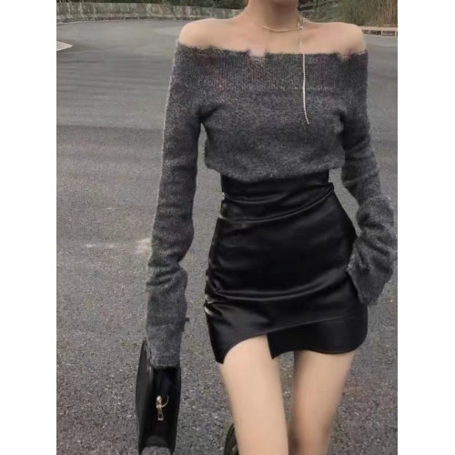 辣妹套裝甜辣一字肩針織衫女秋冬皮短裙短款修身打底衫上衣兩件套 辣妹套裝甜辣一字肩針織衫女秋冬皮短裙短款修身打底衫上衣兩件套