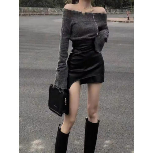 辣妹套裝甜辣一字肩針織衫女秋冬皮短裙短款修身打底衫上衣兩件套 辣妹套裝甜辣一字肩針織衫女秋冬皮短裙短款修身打底衫上衣兩件套