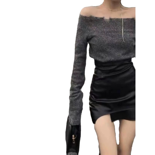 辣妹套裝甜辣一字肩針織衫女秋冬皮短裙短款修身打底衫上衣兩件套 辣妹套裝甜辣一字肩針織衫女秋冬皮短裙短款修身打底衫上衣兩件套