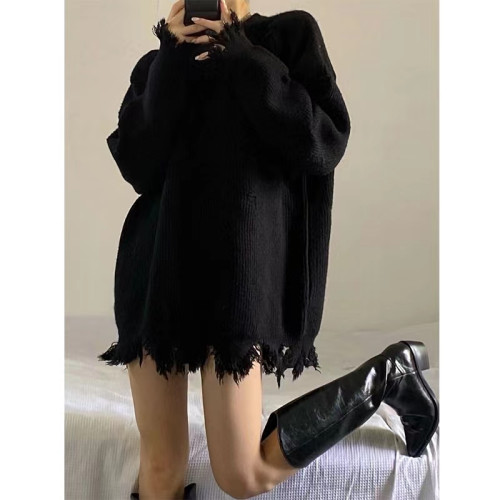 黑色毛衣女早秋裝2025秋冬高級慵懶風設計感小衆韓系破洞針織上衣 黑色毛衣女早秋裝2025秋冬高級慵懶風設計感小衆韓系破洞針織上衣
