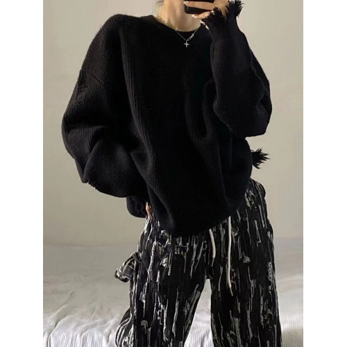 黑色毛衣女早秋裝2025秋冬高級慵懶風設計感小衆韓系破洞針織上衣 黑色毛衣女早秋裝2025秋冬高級慵懶風設計感小衆韓系破洞針織上衣