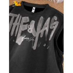 美式街頭塗鴉麂皮絨背心男夏季潮牌健身運動坎肩寬松大碼無袖T恤