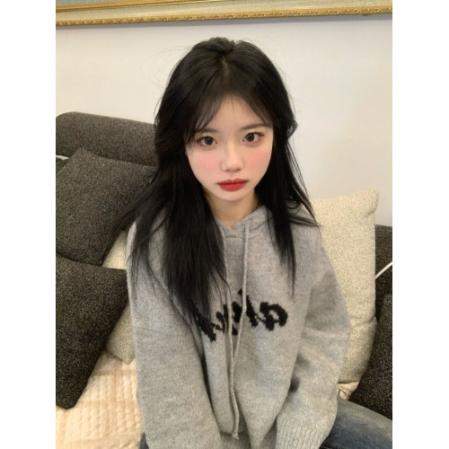 灰色連帽毛衣女秋冬2025年新款慵懶風寬松國潮字母針織衫外搭上衣 灰色連帽毛衣女秋冬2025年新款慵懶風寬松國潮字母針織衫外搭上衣