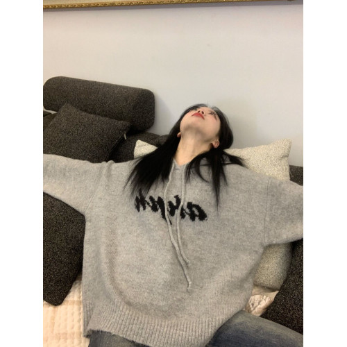 灰色連帽毛衣女秋冬2025年新款慵懶風寬松國潮字母針織衫外搭上衣 灰色連帽毛衣女秋冬2025年新款慵懶風寬松國潮字母針織衫外搭上衣