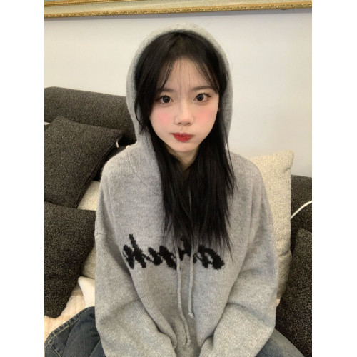 灰色連帽毛衣女秋冬2025年新款慵懶風寬松國潮字母針織衫外搭上衣 灰色連帽毛衣女秋冬2025年新款慵懶風寬松國潮字母針織衫外搭上衣