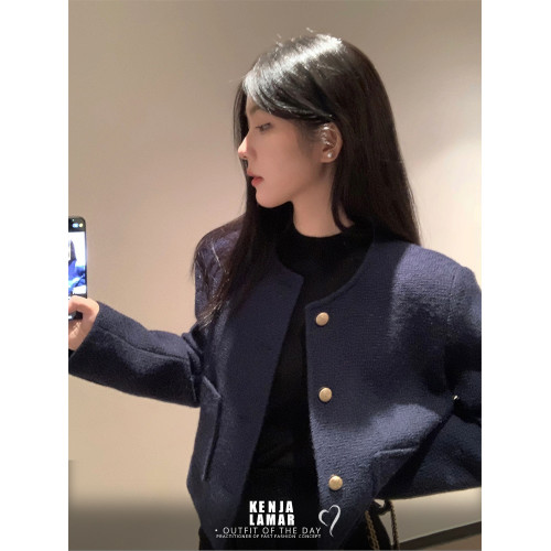 今年秋冬流行超好看藍色小香風短款外套小衆精簡設計感夾克女韓版 今年秋冬流行超好看藍色小香風短款外套小衆精簡設計感夾克女韓版