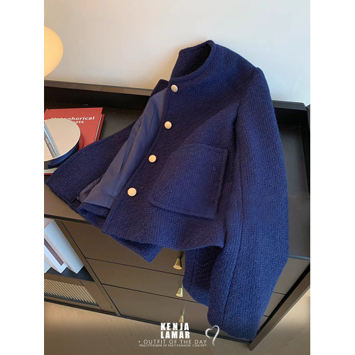 今年秋冬流行超好看藍色小香風短款外套小衆精簡設計感夾克女韓版 今年秋冬流行超好看藍色小香風短款外套小衆精簡設計感夾克女韓版