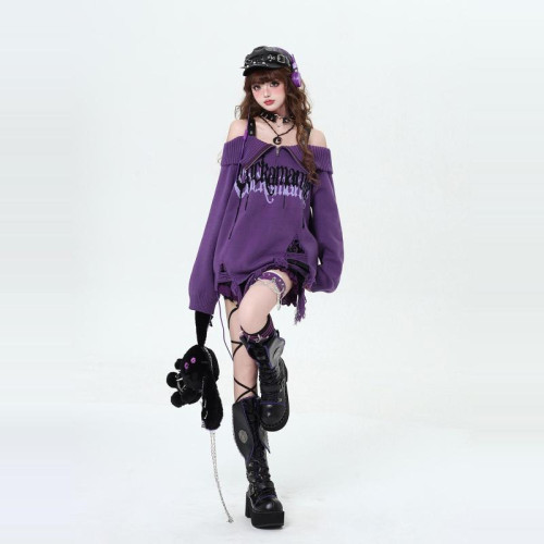 亞比文化哥特碎片y2k原創輕亞黑紫露肩翻領設計感小衆毛衣秋冬女 亞比文化哥特碎片y2k原創輕亞黑紫露肩翻領設計感小衆毛衣秋冬女