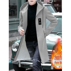 商務休閒中長款風衣男灰色冬季連帽韓版新款大碼外套大衣薄款加絨