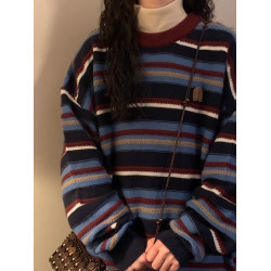 法式復古慵懶風條紋針織上衣秋冬新款大碼寬松百搭圓領套頭毛衣女