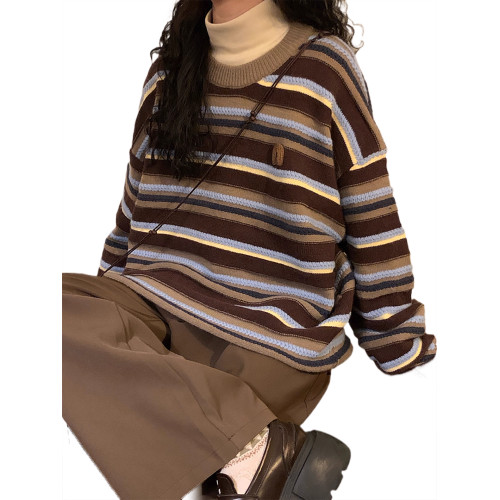 法式復古慵懶風條紋針織上衣秋冬新款大碼寬松百搭圓領套頭毛衣女 法式復古慵懶風條紋針織上衣秋冬新款大碼寬松百搭圓領套頭毛衣女