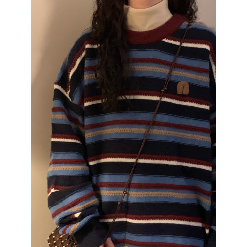 法式復古慵懶風條紋針織上衣秋冬新款大碼寬松百搭圓領套頭毛衣女 法式復古慵懶風條紋針織上衣秋冬新款大碼寬松百搭圓領套頭毛衣女