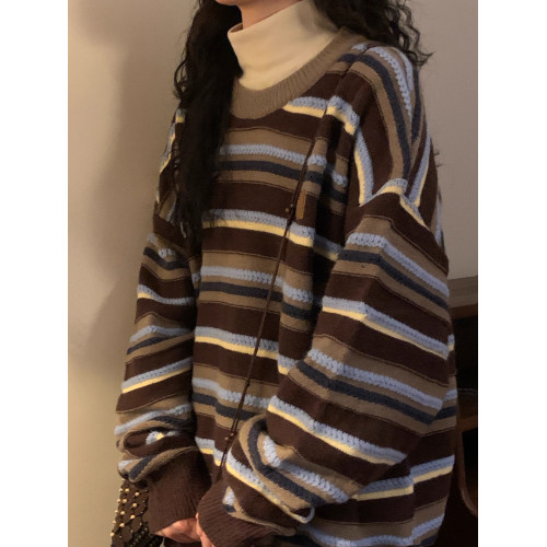 法式復古慵懶風條紋針織上衣秋冬新款大碼寬松百搭圓領套頭毛衣女 法式復古慵懶風條紋針織上衣秋冬新款大碼寬松百搭圓領套頭毛衣女