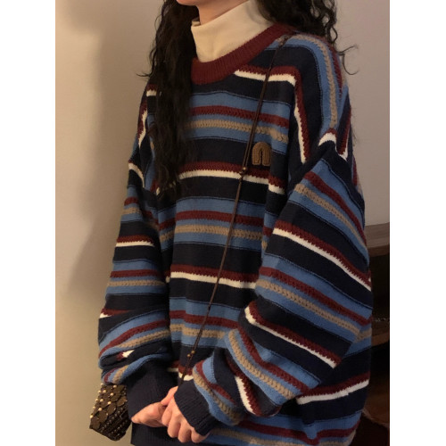 法式復古慵懶風條紋針織上衣秋冬新款大碼寬松百搭圓領套頭毛衣女 法式復古慵懶風條紋針織上衣秋冬新款大碼寬松百搭圓領套頭毛衣女