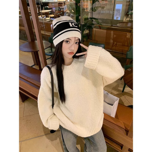 奶fufu黑色毛衣女秋冬寬松慵懶加厚圓領套頭設計感軟糯針織上衣 奶fufu黑色毛衣女秋冬寬松慵懶加厚圓領套頭設計感軟糯針織上衣