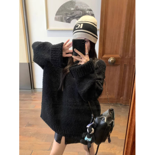 奶fufu黑色毛衣女秋冬寬松慵懶加厚圓領套頭設計感軟糯針織上衣 奶fufu黑色毛衣女秋冬寬松慵懶加厚圓領套頭設計感軟糯針織上衣