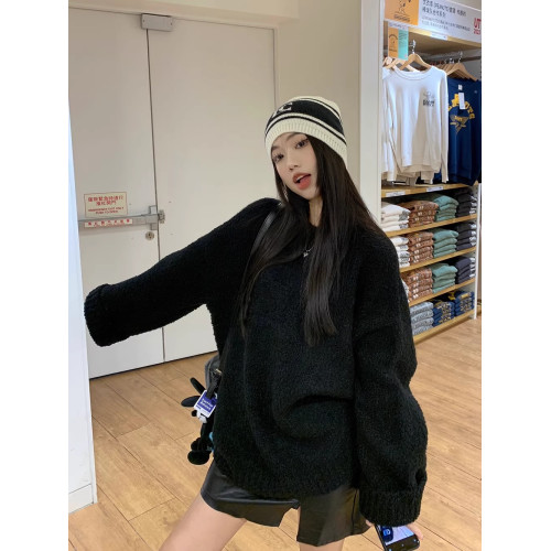 奶fufu黑色毛衣女秋冬寬松慵懶加厚圓領套頭設計感軟糯針織上衣 奶fufu黑色毛衣女秋冬寬松慵懶加厚圓領套頭設計感軟糯針織上衣