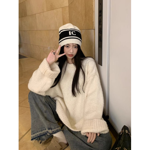 奶fufu黑色毛衣女秋冬寬松慵懶加厚圓領套頭設計感軟糯針織上衣 奶fufu黑色毛衣女秋冬寬松慵懶加厚圓領套頭設計感軟糯針織上衣