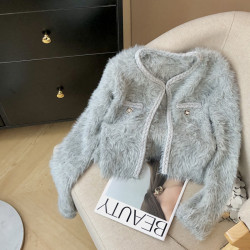 編織麻花邊設計感假口袋裝飾圓領修身短款仿貂絨毛衣開衫小外套女