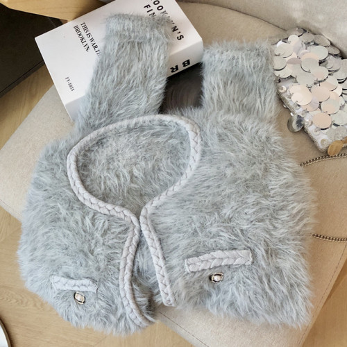 編織麻花邊設計感假口袋裝飾圓領修身短款仿貂絨毛衣開衫小外套女