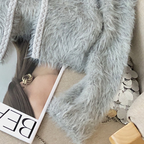 編織麻花邊設計感假口袋裝飾圓領修身短款仿貂絨毛衣開衫小外套女