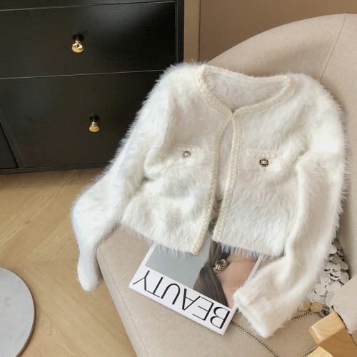 編織麻花邊設計感假口袋裝飾圓領修身短款仿貂絨毛衣開衫小外套女