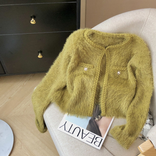 編織麻花邊設計感假口袋裝飾圓領修身短款仿貂絨毛衣開衫小外套女