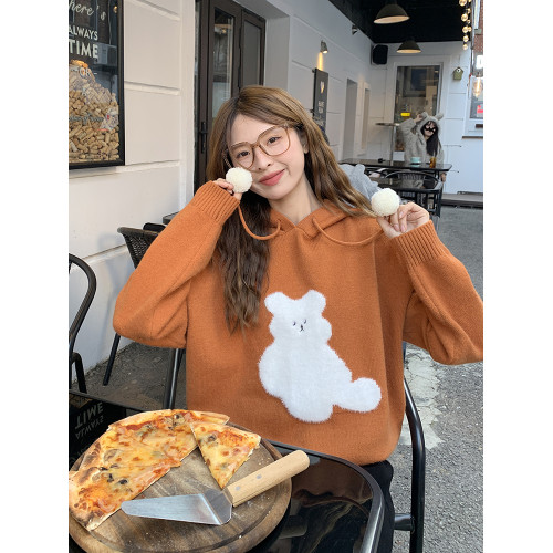 陸小團團卡通連帽長袖毛衣韓系冬季新款氣質顯瘦氛圍感寬鬆上衣女