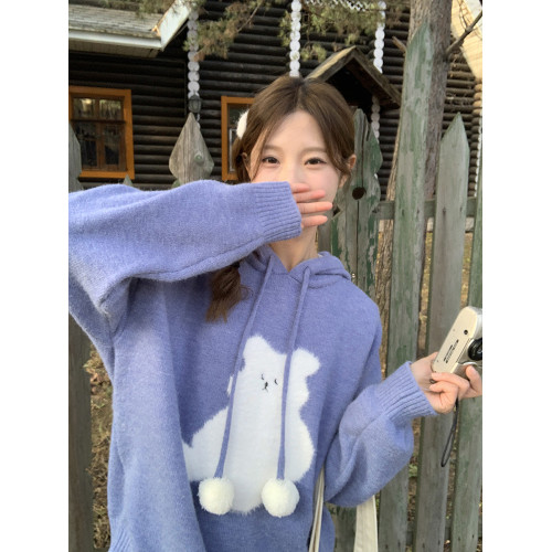 陸小團團卡通連帽長袖毛衣韓系冬季新款氣質顯瘦氛圍感寬鬆上衣女