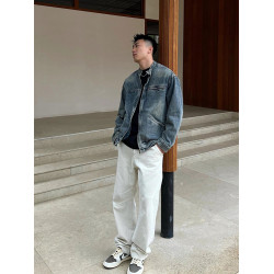 美式復古藍色機車牛仔外套男款潮流街頭痞帥寬松廓形大碼工裝夾克