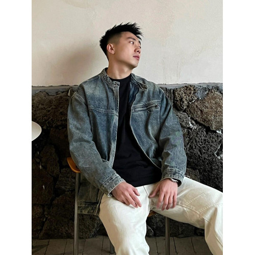 美式復古藍色機車牛仔外套男款潮流街頭痞帥寬松廓形大碼工裝夾克 美式復古藍色機車牛仔外套男款潮流街頭痞帥寬松廓形大碼工裝夾克