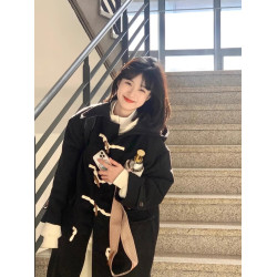 牛角釦黑色毛呢大衣女秋冬2025新款中長款小個子連帽呢子外套加厚