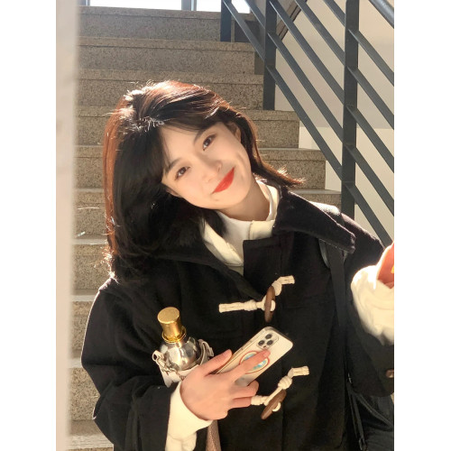 牛角釦黑色毛呢大衣女秋冬2025新款中長款小個子連帽呢子外套加厚 牛角釦黑色毛呢大衣女秋冬2025新款中長款小個子連帽呢子外套加厚