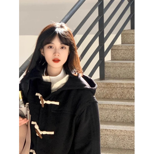 牛角釦黑色毛呢大衣女秋冬2025新款中長款小個子連帽呢子外套加厚 牛角釦黑色毛呢大衣女秋冬2025新款中長款小個子連帽呢子外套加厚