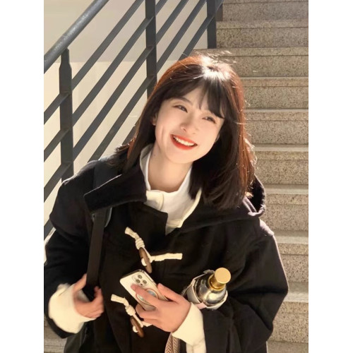 牛角釦黑色毛呢大衣女秋冬2025新款中長款小個子連帽呢子外套加厚 牛角釦黑色毛呢大衣女秋冬2025新款中長款小個子連帽呢子外套加厚