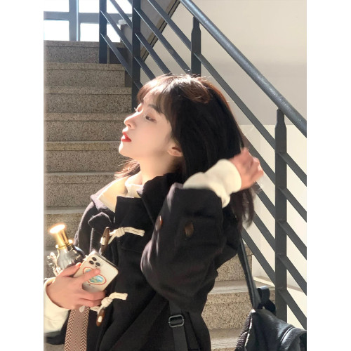 牛角釦黑色毛呢大衣女秋冬2025新款中長款小個子連帽呢子外套加厚 牛角釦黑色毛呢大衣女秋冬2025新款中長款小個子連帽呢子外套加厚