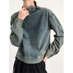 秋季新款韓版潮流休閒牛仔衛衣男寬松個性立領設計感套頭工裝夾克